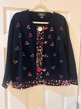 Bobbie C 100% Cotton Black Heart-Embroidered Cardigan